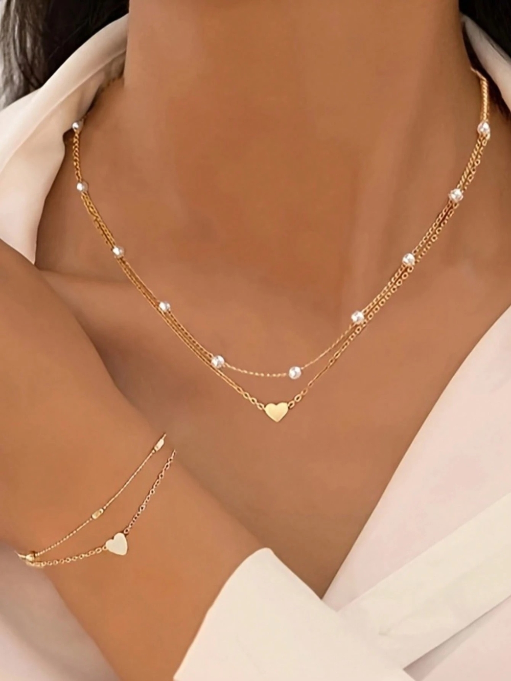 Gold Heart Layered Necklace with Pearl Accents - Women's Jewelry.